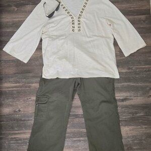 Chico's V Neck Grommet Detail Boho Top 3/4 Sleeve Cotton Modal Blend